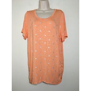 Lane Bryant 14/16 Ruched Side Tunic Tee Silver Foil Palm Trees Peach Top B41.5"
